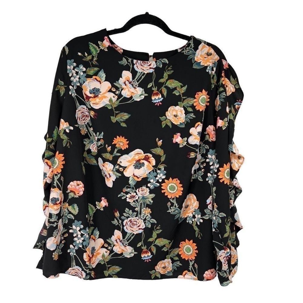 Ava &‎ Viv Black Orange Floral Ruffle Sleeve Blouse Womens 1X